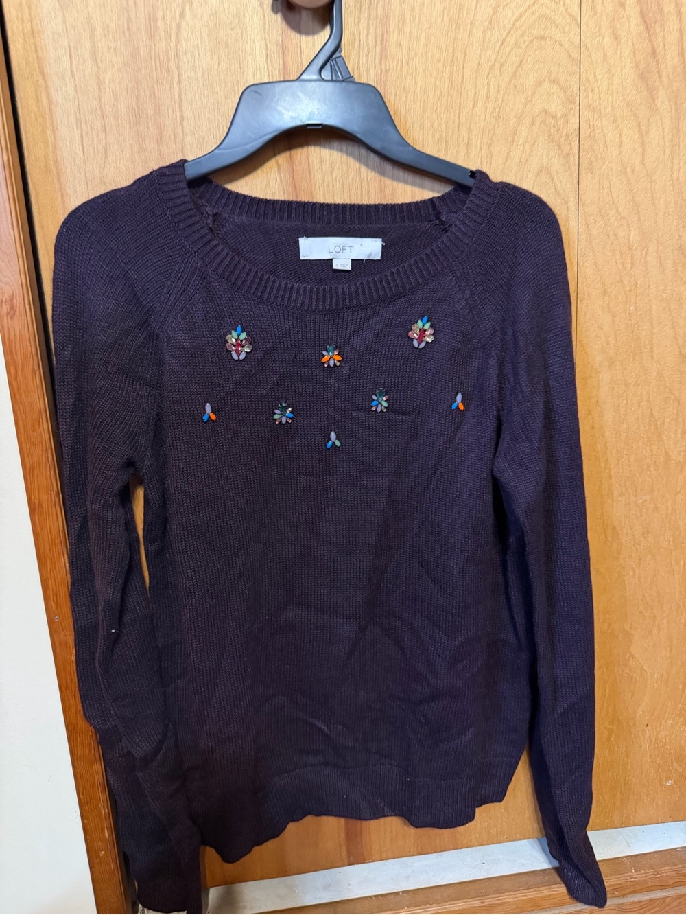LOFT Brown Crewneck Sweater with Multicolor Bead Accents